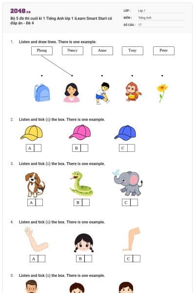 Bộ 5 đề thi cuối kì 1 Tiếng Anh lớp 1 iLearn Smart Start có đáp án - Đề 4