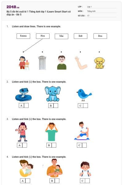 Bộ 5 đề thi cuối kì 1 Tiếng Anh lớp 1 iLearn Smart Start có đáp án - Đề 5
