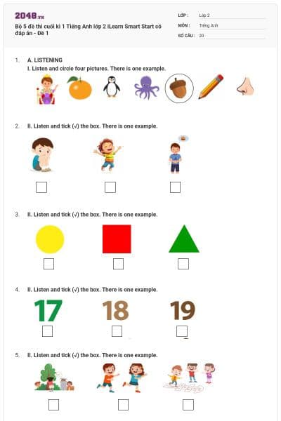 Bộ 5 đề thi cuối kì 1 Tiếng Anh lớp 2 iLearn Smart Start có đáp án - Đề 1