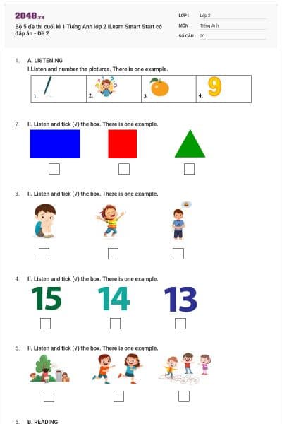 Bộ 5 đề thi cuối kì 1 Tiếng Anh lớp 2 iLearn Smart Start có đáp án - Đề 2
