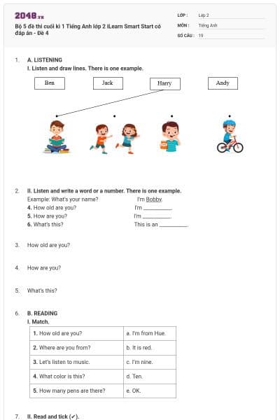 Bộ 5 đề thi cuối kì 1 Tiếng Anh lớp 2 iLearn Smart Start có đáp án - Đề 4