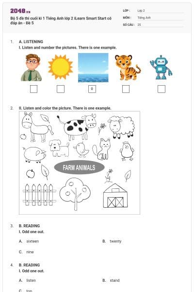 Bộ 5 đề thi cuối kì 1 Tiếng Anh lớp 2 iLearn Smart Start có đáp án - Đề 5