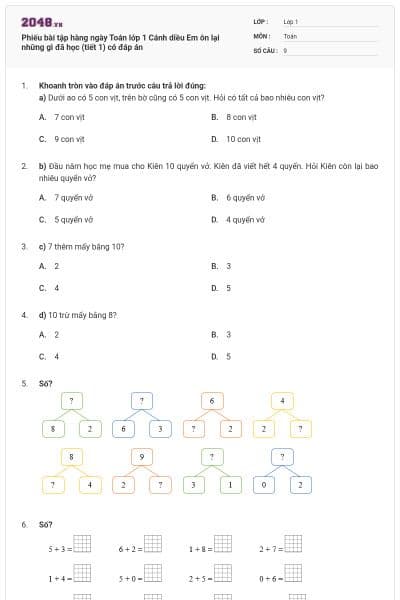 Phiếu bài tập hàng ngày Toán lớp 1 Cánh diều Em ôn lại những gì đã học (tiết 1) có đáp án