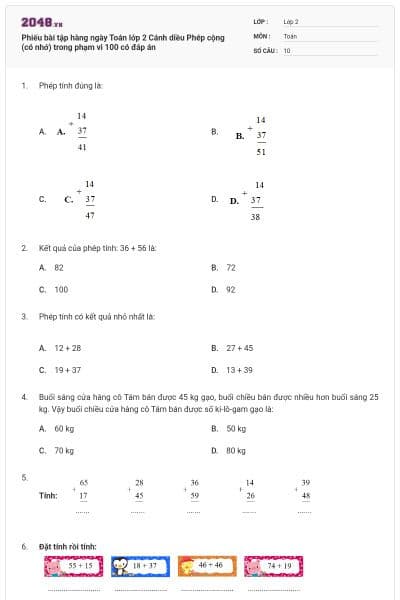 Phiếu bài tập hàng ngày Toán lớp 2 Cánh diều Phép cộng (có nhớ) trong phạm vi 100 có đáp án