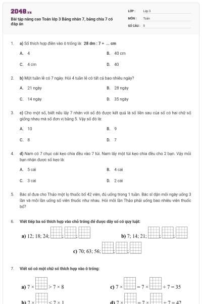 Bài tập nâng cao Toán lớp 3 Bảng nhân 7, bảng chia 7 có đáp án