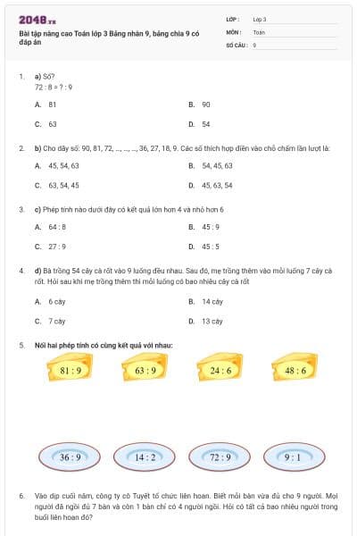 Bài tập nâng cao Toán lớp 3 Bảng nhân 9, bảng chia 9 có đáp án