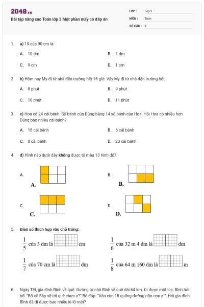 Bài tập nâng cao Toán lớp 3 Một phần mấy có đáp án