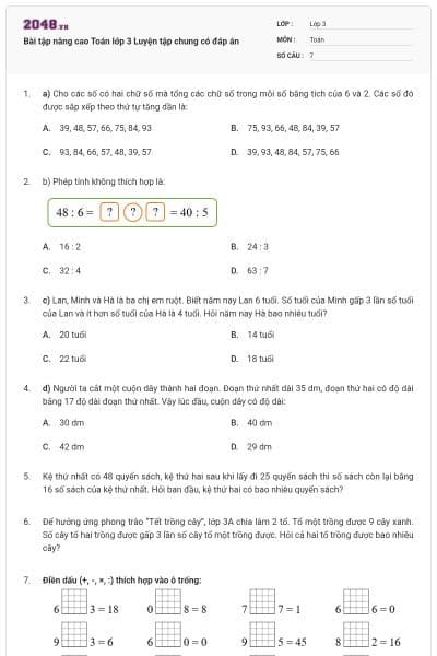 Bài tập nâng cao Toán lớp 3 Luyện tập chung có đáp án