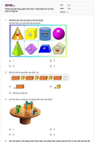 Phiếu bài tập hàng ngày Toán lớp 1 Cánh diều Em vui học toán có đáp án