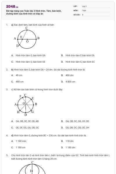 Bài tập nâng cao Toán lớp 3 Hình tròn. Tâm, bán kính, đường kính của hình tròn có đáp án