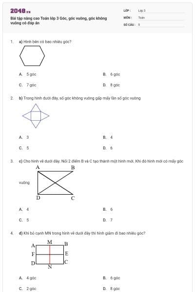 Bài tập nâng cao Toán lớp 3 Góc, góc vuông, góc không vuông có đáp án