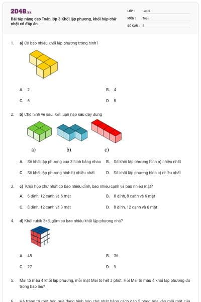 Bài tập nâng cao Toán lớp 3 Khối lập phương, khối hộp chữ nhật có đáp án