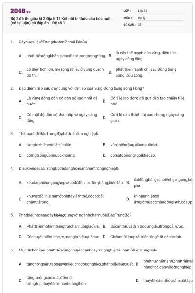 Bộ 3 đề thi giữa kì 2 Địa lí 12 Kết nối tri thức cấu trúc mới (có tự luận) có đáp án - Đề số 1