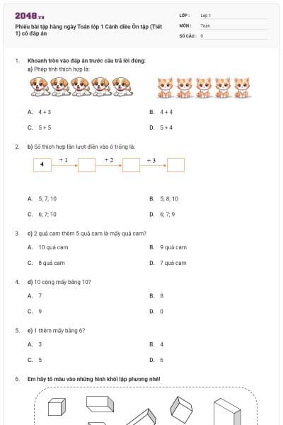 Phiếu bài tập hàng ngày Toán lớp 1 Cánh diều Ôn tập (Tiết 1) có đáp án