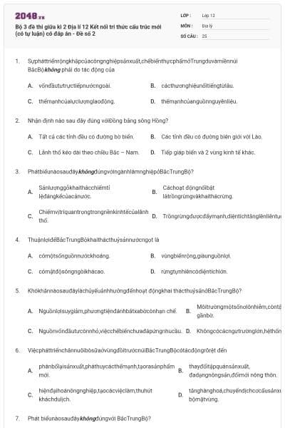 Bộ 3 đề thi giữa kì 2 Địa lí 12 Kết nối tri thức cấu trúc mới (có tự luận) có đáp án - Đề số 2