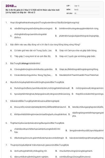 Bộ 3 đề thi giữa kì 2 Địa lí 12 Kết nối tri thức cấu trúc mới (có tự luận) có đáp án - Đề số 3