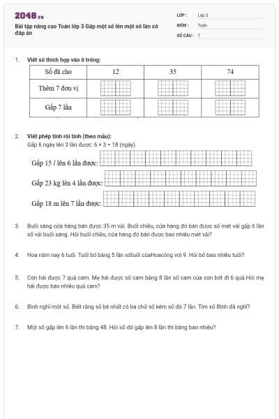 Bài tập nâng cao Toán lớp 3 Gấp một số lên một số lần có đáp án