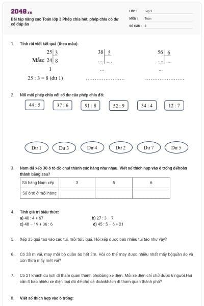 Bài tập nâng cao Toán lớp 3 Phép chia hết, phép chia có dư có đáp án