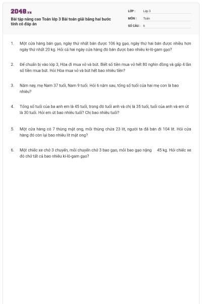 Bài tập nâng cao Toán lớp 3 Bài toán giải bằng hai bước tính có đáp án