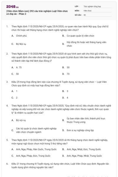 (Viên chức Mầm non) 292 câu trắc nghiệm Luật Viên chức có đáp án - Phần 2