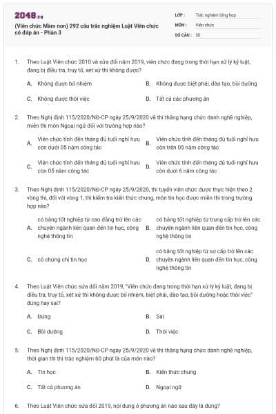 (Viên chức Mầm non) 292 câu trắc nghiệm Luật Viên chức có đáp án - Phần 3