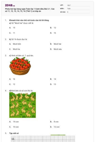 Phiếu bài tập hàng ngày Toán lớp 1 Cánh diều Bài 3.1. Các số 11, 12, 13, 14, 15, 16 (Tiết 1) có đáp án