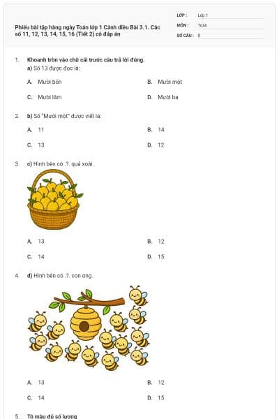 Phiếu bài tập hàng ngày Toán lớp 1 Cánh diều Bài 3.1. Các số 11, 12, 13, 14, 15, 16 (Tiết 2) có đáp án