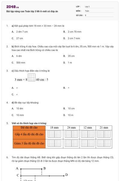 Bài tập nâng cao Toán lớp 3 Mi-li-mét có đáp án
