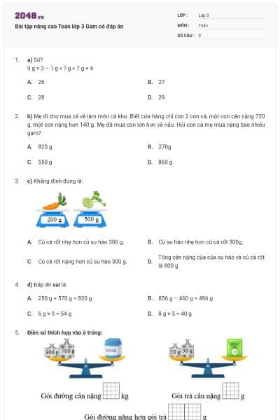 Bài tập nâng cao Toán lớp 3 Gam có đáp án