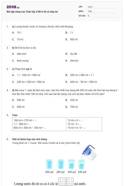 Bài tập nâng cao Toán lớp 3 Mi-li-lít có đáp án