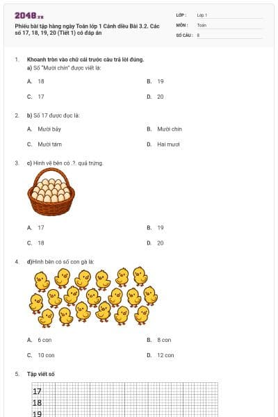 Phiếu bài tập hàng ngày Toán lớp 1 Cánh diều Bài 3.2. Các số 17, 18, 19, 20 (Tiết 1) có đáp án