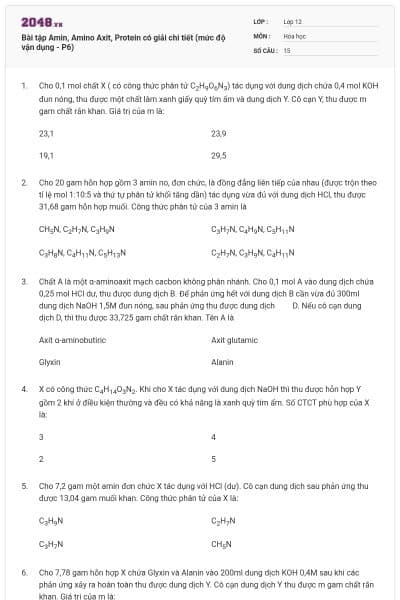Bài tập Amin, Amino Axit, Protein có giải chi tiết (mức độ vận dụng - P6)