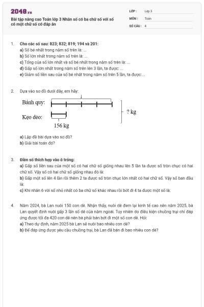 Bài tập nâng cao Toán lớp 3 Nhân số có ba chữ số với số có một chữ số có đáp án