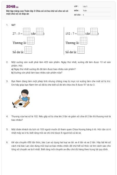 Bài tập nâng cao Toán lớp 3 Chia số có ba chữ số cho số có một chữ số có đáp án