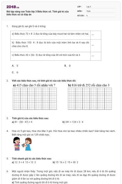Bài tập nâng cao Toán lớp 3 Biểu thức số. Tính giá trị của biểu thức số có đáp án