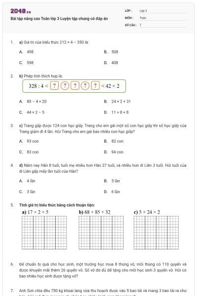 Bài tập nâng cao Toán lớp 3 Luyện tập chung có đáp án