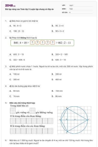 Bài tập nâng cao Toán lớp 3 Luyện tập chung có đáp án
