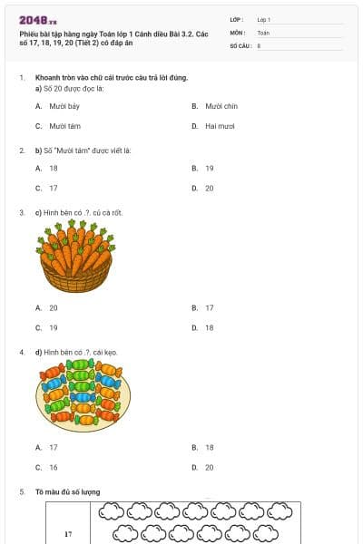 Phiếu bài tập hàng ngày Toán lớp 1 Cánh diều Bài 3.2. Các số 17, 18, 19, 20 (Tiết 2) có đáp án