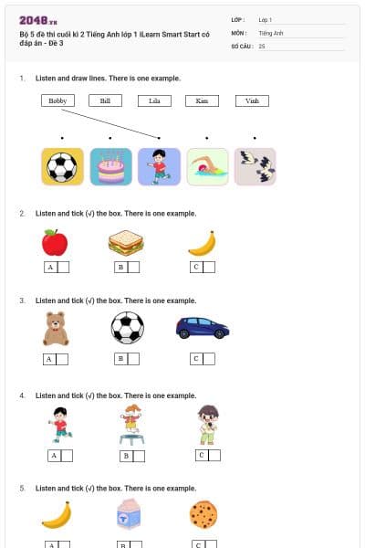 Bộ 5 đề thi cuối kì 2 Tiếng Anh lớp 1 iLearn Smart Start có đáp án - Đề 3