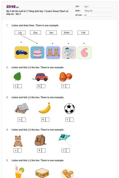 Bộ 5 đề thi cuối kì 2 Tiếng Anh lớp 1 iLearn Smart Start có đáp án - Đề 4