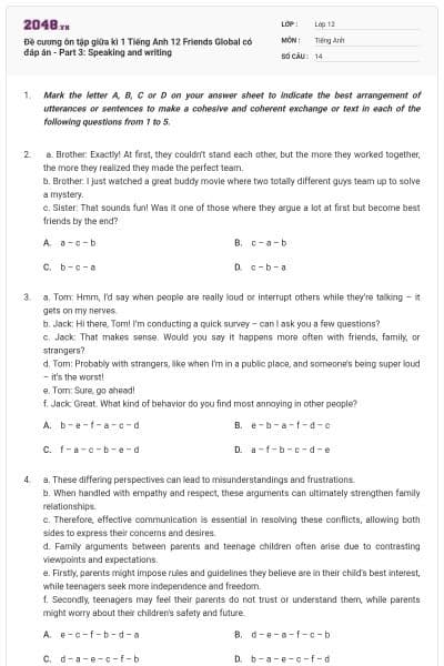 Đề cương ôn tập giữa kì 1 Tiếng Anh 12 Friends Global có đáp án - Part 3: Speaking and writing