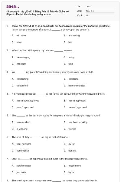 Đề cương ôn tập giữa kì 1 Tiếng Anh 12 Friends Global có đáp án - Part 4: Vocabulary and grammar