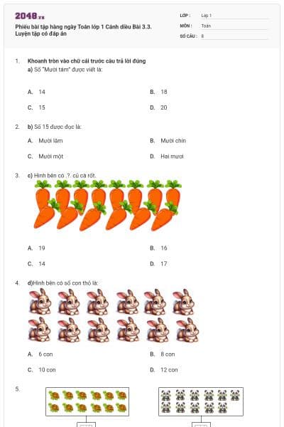 Phiếu bài tập hàng ngày Toán lớp 1 Cánh diều Bài 3.3. Luyện tập có đáp án