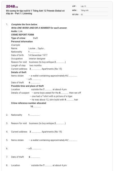 Đề cương ôn tập cuối kì 1 Tiếng Anh 12 Friends Global có đáp án - Part 1: Listening