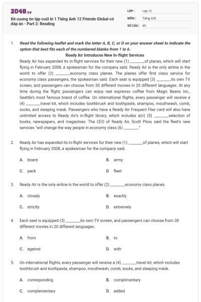 Đề cương ôn tập cuối kì 1 Tiếng Anh 12 Friends Global có đáp án - Part 2: Reading