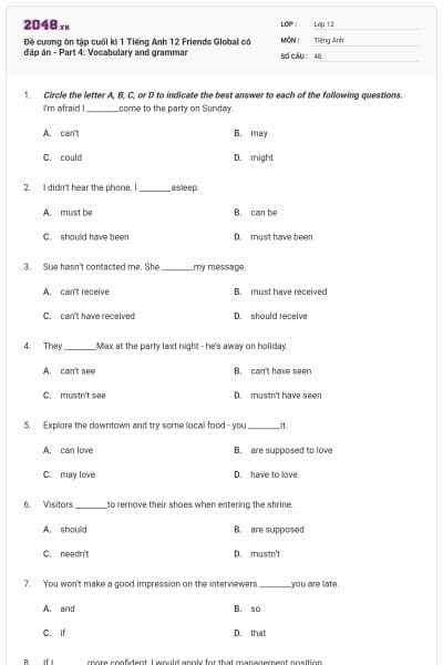 Đề cương ôn tập cuối kì 1 Tiếng Anh 12 Friends Global có đáp án - Part 4: Vocabulary and grammar