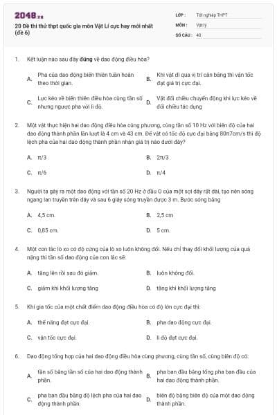 20 Đề thi thử thpt quốc gia môn Vật Lí cực hay mới nhất (đề 6)