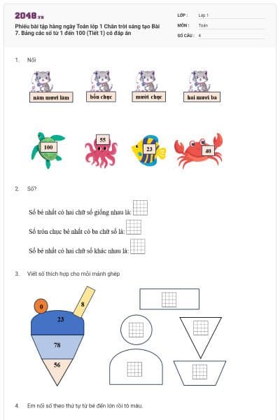 Phiếu bài tập hàng ngày Toán lớp 1 Chân trời sáng tạo Bài 7. Bảng các số từ 1 đến 100 (Tiết 1) có đáp án