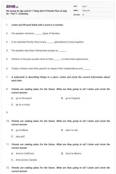 Đề cương ôn tập cuối kì 1 Tiếng Anh 9 Friends Plus có đáp án - Part 1: Listening