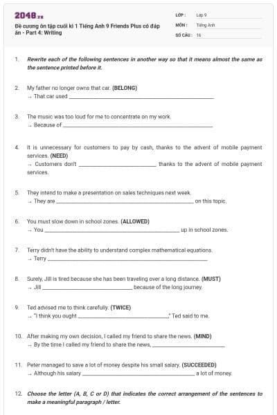 Đề cương ôn tập cuối kì 1 Tiếng Anh 9 Friends Plus có đáp án - Part 4: Writing